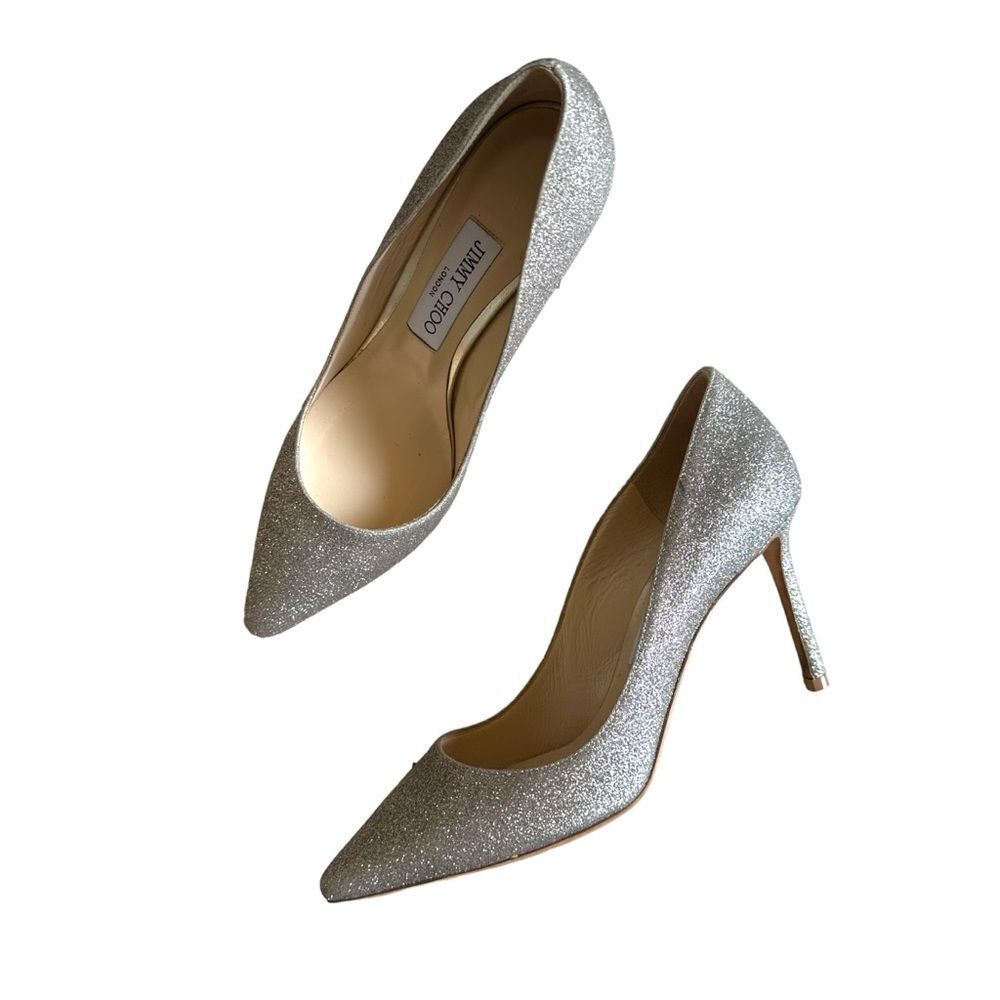 Jimmy Choo Romy 100 Silver Glitter Pointed Toe Stiletto Pumps Eu 38 Us 7.5